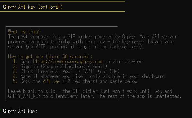 Giphy API key 入力画面