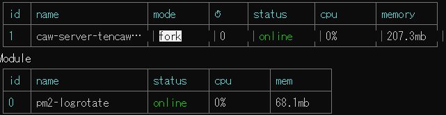 pm2 のプロセス一覧(status: online)